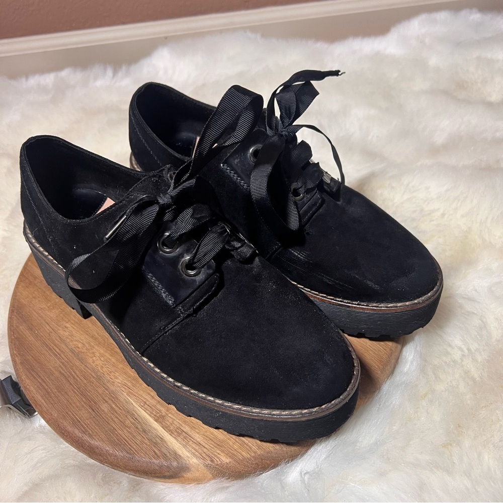 Stradivarius Black Suede Oxfords with Ribbon Laces Size 39